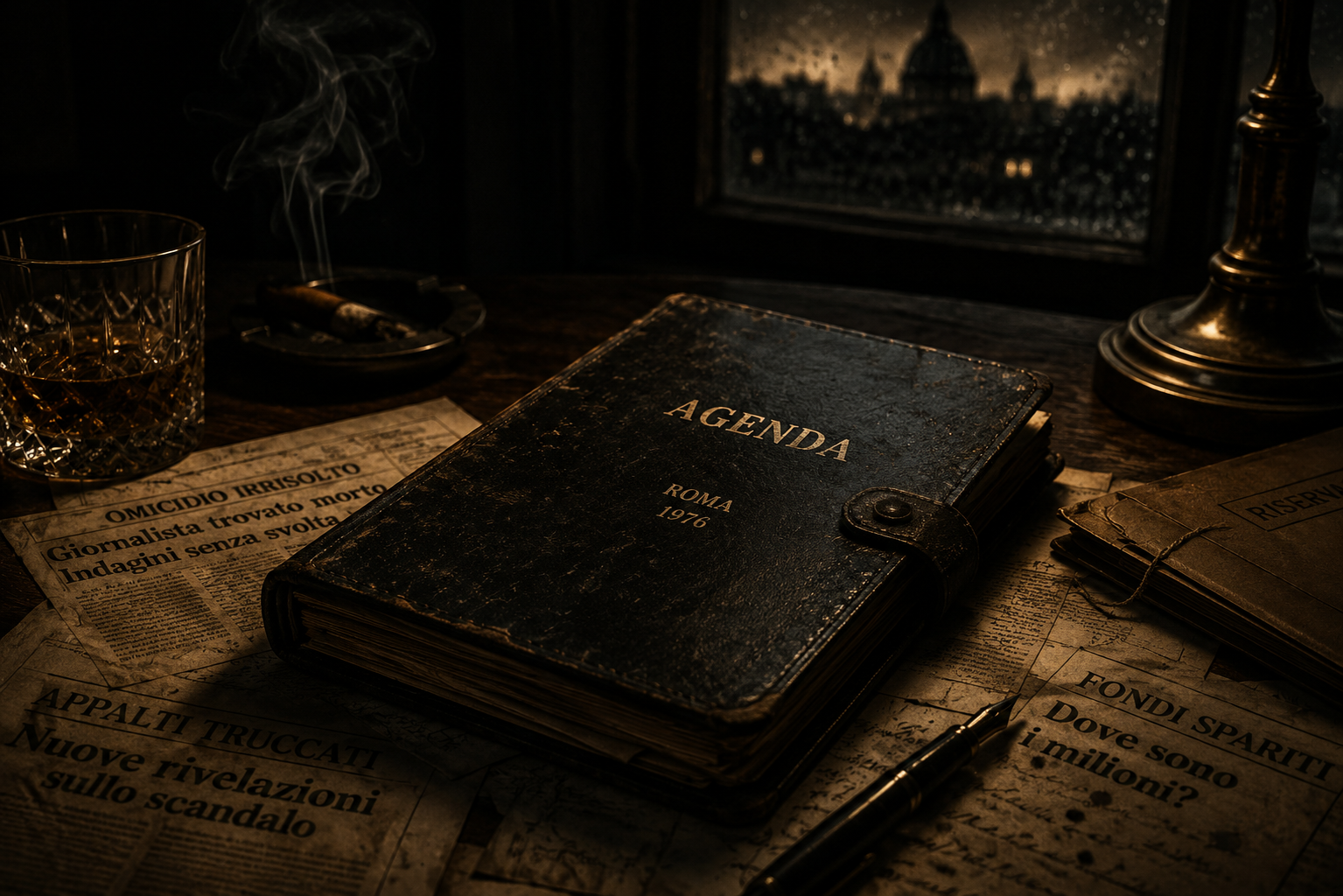 Agenda nera su una scrivania illuminata da una lampada, tra giornali di cronaca e documenti riservati, in un'atmosfera noir ambientata nella Roma misteriosa de Le Maschere del Silenzio – Episodio 2: L'Agenda Nera.