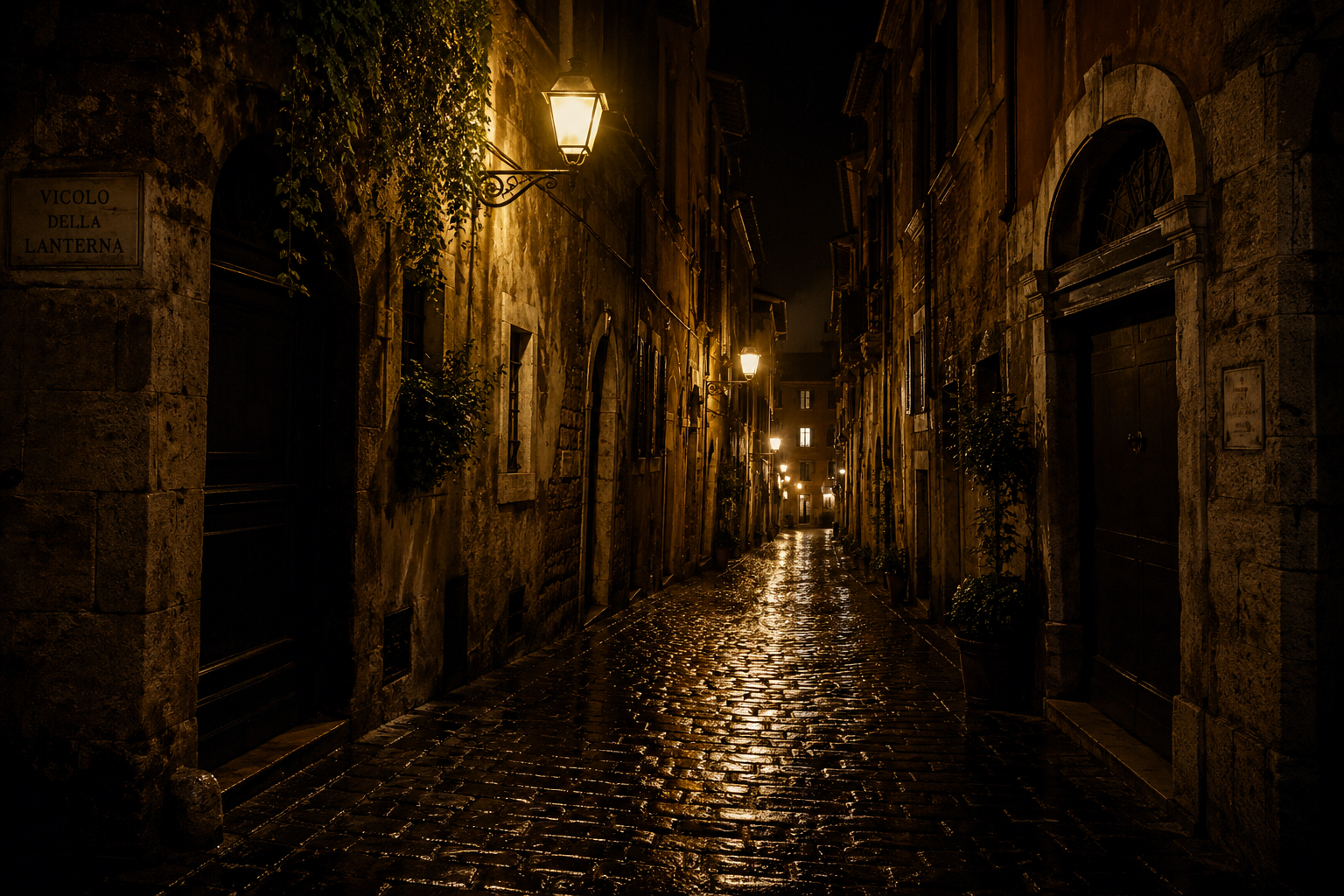 Vicolo di Roma illuminato da lampioni nella notte, con sampietrini bagnati dalla pioggia e atmosfera misteriosa in stile noir.