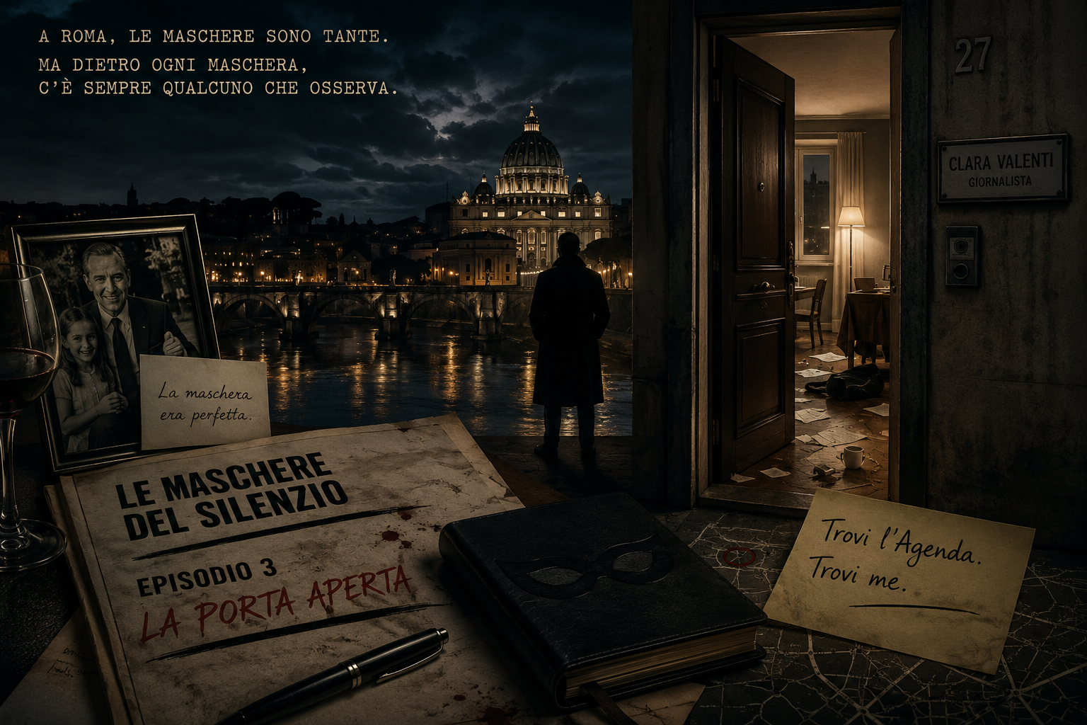 Illustrazione noir del Capitolo 3 de "Le Maschere del Silenzio": l'appartamento di Clara Valenti con la porta socchiusa, la fotografia di Cesare Bellini e il mistero dell'Agenda Nera sullo sfondo.