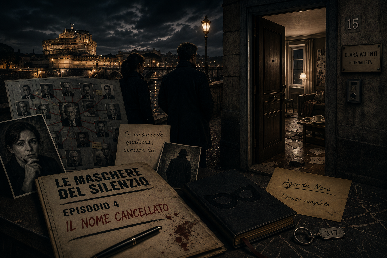 Illustrazione noir del Capitolo 4 de "Le Maschere del Silenzio": Leonardo Serra e Sara Monti davanti all'appartamento di Clara Valenti, con l'Agenda Nera e gli indizi dell'indagine sullo sfondo.