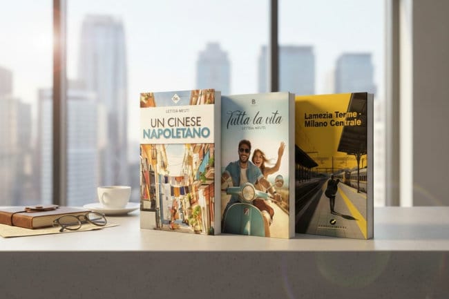 Libri di Letizia Meuti esposti insieme: Un cinese napoletano, Tutta la vita e Lamezia Terme - Milano Centrale