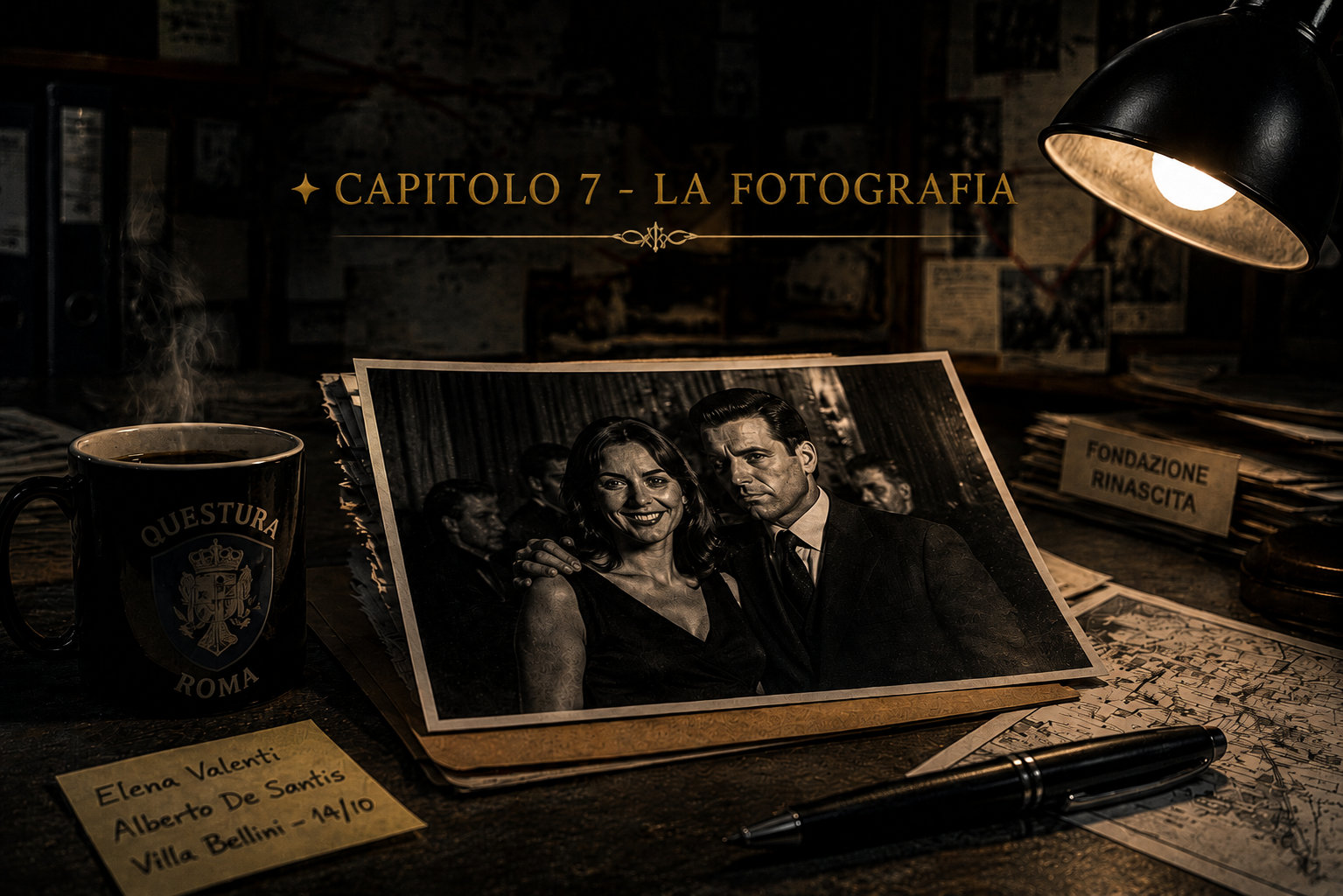 Fotografia di Elena Valenti e Alberto De Santis sulla scrivania dell’indagine nel Capitolo 7 di Le Maschere del Silenzio