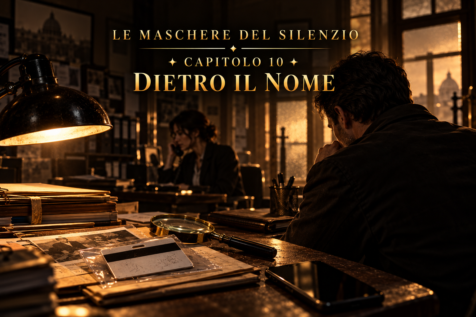 Le Maschere del Silenzio, capitolo 10 – Dietro il nome: Leonardo in questura, con un tesserino sotto la lampada e Sara al telefono.