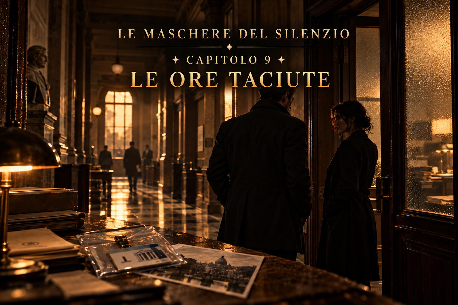 Copertina del capitolo 9 di Le Maschere del Silenzio: Serra e la segretaria nei corridoi della Procura, con un tesserino in primo piano.